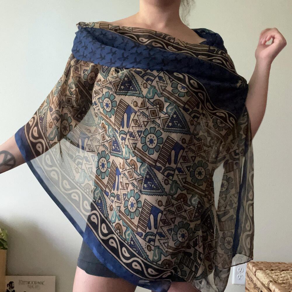 Vintage blue and brown sheer geometric scarf boho